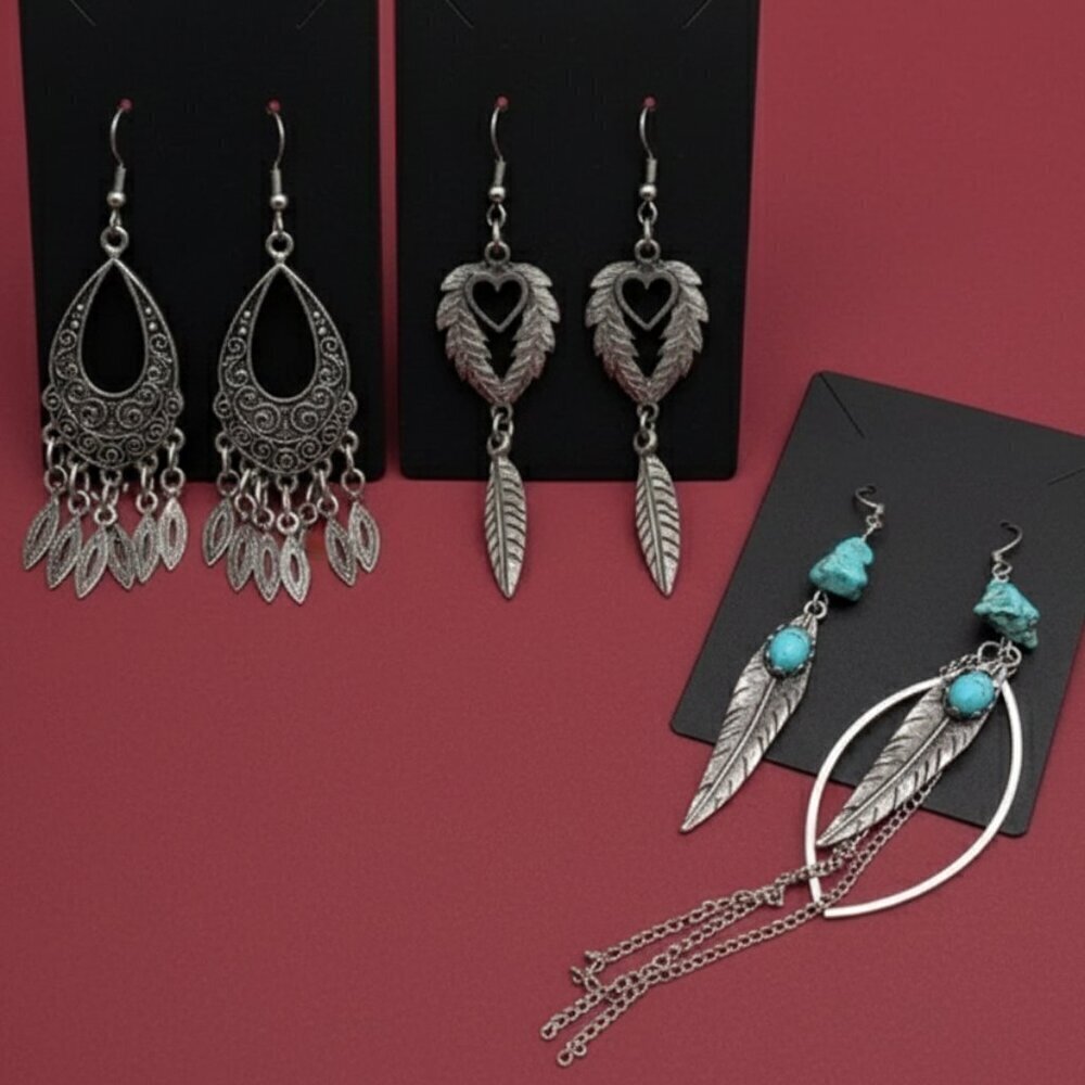 Luxe Silvertone Earring Bundle: Artisan, Feather & Turquoise Set Of Three Pair